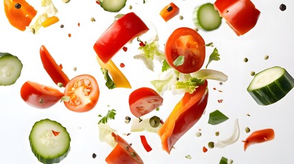 Wall Mural - Mixed vegetables falling with natural lighting isolated on a white backdrop