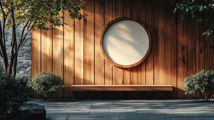 Wall Mural - Circular mockup signboard on a wooden wall in a street setting