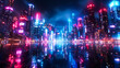 © Akash Tholiya - Beautiful neon night in a cyberpunk city. Illustration of the futuristic city skyscraper