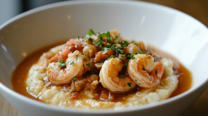 A bowl of shrimp and grits with a savory sauce and fresh herbs.