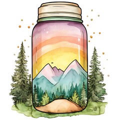 Wall Mural - Watercolor Illustration of a Mountain Landscape Trapped Inside a Glass Jar.