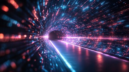 A digital technology tunnel abstract background with neon lines, illustrating big data and high-speed internet themes.