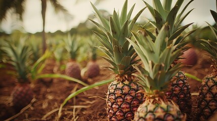 Wall Mural - A close-up of pineapples growing in a plantation, with the spiky leaves and ripening fruits visible against the soil