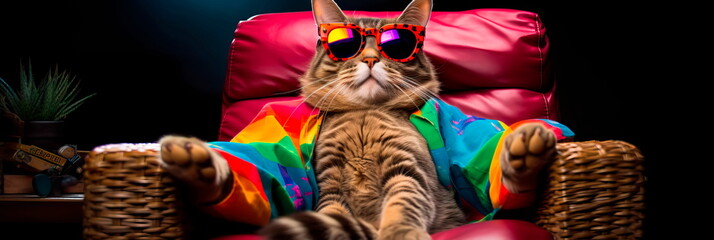 cat wearing oversized, colorful sunglasses while reclining on a vibrant, retro armchair. Generative AI