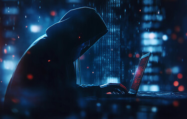Wall Mural - cyber hacker attack concept. abstract digital hacker man with a laptop. male criminal, hoodie and re