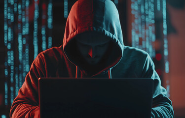 Wall Mural - cyber hacker attack concept. abstract digital hacker man with a laptop. male criminal, hoodie and re