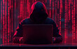 © idcreative.ddid - Cyber hacker attack concept. Abstract digital hacker man with a laptop. Male criminal, hoodie and ready for coding, cyber-attack and programming for malware with tech, scam and data