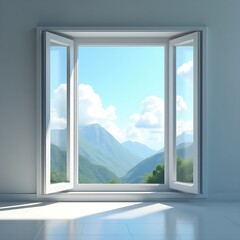 Open window with mountain landscape view on blue sky