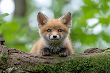 Baby fox is sitting on a log. It has brown fur and is looking at the camera. Red fox, vulpes vulpes, small young cub in forest . Wildlife scene from nature