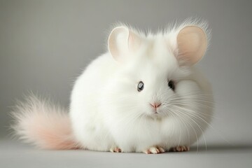 A fluffy white chinchilla with a soft pink tail sitting gracefully on a smooth gray studio background.