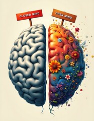 Human brain split in two halves with grey brain for closed mind and colorful brain for open mind on light background. Positive and Negative perspective and idea concept