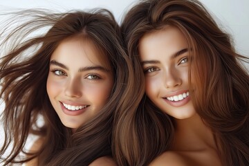 Poster - Two women with long brown hair and green eyes. They are smiling and looking at the camera. One of them has a ponytail. two happy women with long smooth hair