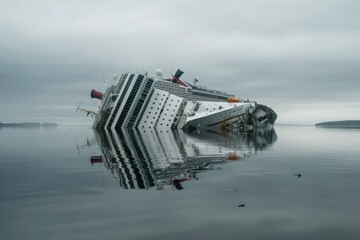 The aftermath of a cruise ship crash, with the vessel partially sunk and leaning to one side in calm, reflective waters.