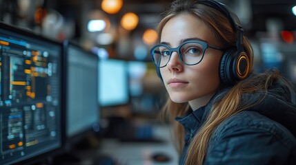 A female engineer uses a computer with headphones in an office, illustrating the integration of technology in engineering tasks.