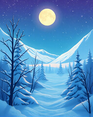 Wall Mural - winter landscape with moon and snow