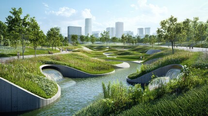 Blueprint for a city park that doubles as a flood mitigation area, featuring water-absorbent landscapes and underground reservoirs