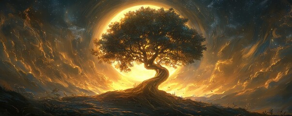 Wall Mural - Enchanting Tree Silhouette Against a Golden Aura