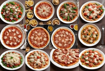 A collage of various Italian food items including pasta, pizza, salad, and dessert.