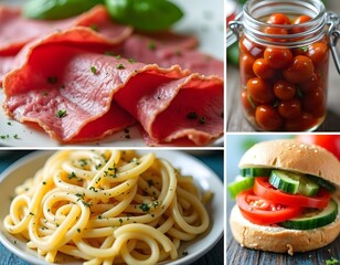 A vibrant collage of Italian cuisine featuring thinly sliced beef carpaccio, sun-dried tomatoes in a jar, a creamy pasta dish, and a rustic tomato and cucumber sandwich.