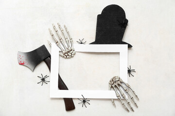 Sticker - Composition with blank picture frame and decorations for Halloween on light background