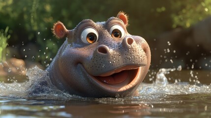 Canvas Print - A cheerful animated hippo swimming in water, showcasing a playful and friendly expression.