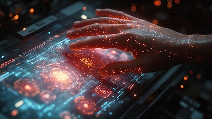 A futuristic tech concept featuring a hand interacting with a digital screen interface.