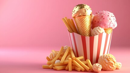 Wall Mural - A colorful assortment of ice cream cones and fries in a striped container against a pink backdrop.