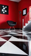 A modern floor design with bold, geometric patterns in contrasting black and white