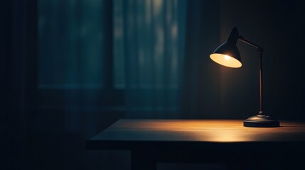 Poster - A dimly lit desk lamp illuminates a wooden table in a tranquil, shadowy room.