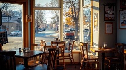 Poster - Cozy café interior with sunlight streaming through large windows, showcasing a street view.