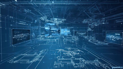 Blueprint of a high-tech military training facility, including virtual reality combat simulators and drone operation areas