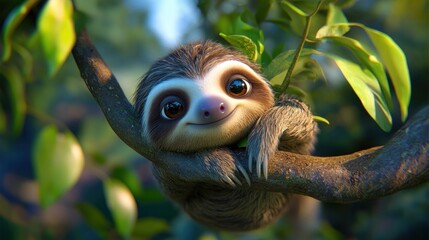 Wall Mural - A cute cartoon sloth hanging on a branch, exuding a cheerful and friendly vibe.