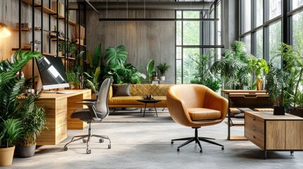 Poster - A modern office space filled with plants and stylish furniture for a productive environment.