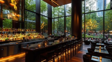 Wall Mural - A stylish bar interior with large windows overlooking greenery and a vibrant outdoor space.