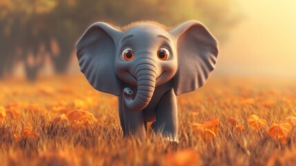 Sticker - A cute cartoon elephant with big eyes in a field of autumn leaves.