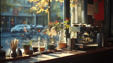 Poster - A cozy café scene with coffee, plants, and sunlight streaming through the window.