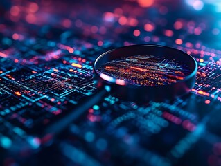 Abstract 3D Illustration of Magnifying Glass Examining Binary Code on Circuit Board
