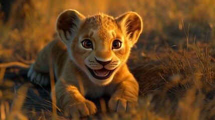 Poster - A cute lion cub lying in grass, smiling playfully in a warm, golden light.