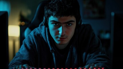 Wall Mural - A focused young man gaming at night, illuminated by a colorful keyboard.