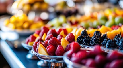 Sticker - A vibrant display of assorted fresh fruits in elegant bowls, perfect for a buffet or gathering.