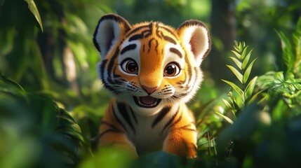 Poster - A cute, animated tiger cub peeks out from lush greenery, showcasing its playful nature.