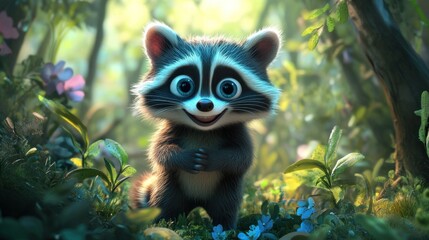 Wall Mural - A cute raccoon character stands in a vibrant forest filled with flowers and lush greenery.