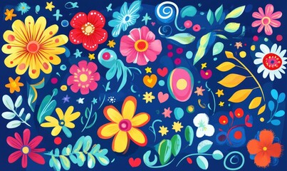 Poster - Colorful flat style 2D cartoon illustration featuring flowers swirls stars and leaves on a vibrant blue background Ideal for greeting cards Valentine s Day or wedding invitations Cheerful design p