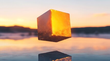 Canvas Print - A glowing cube suspended over a reflective surface during sunset.