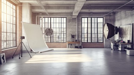 Canvas Print - A spacious photography studio with natural light, a backdrop, and equipment for shoots.