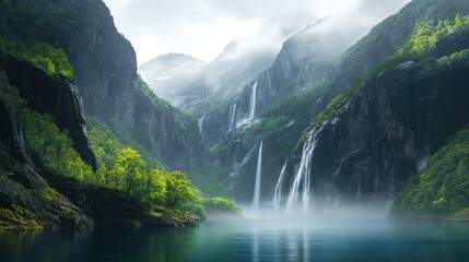 A beautiful mountain range with a waterfall in the middle