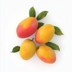 Wall Mural - A group of ripe mangoes with green leaves arranged on a white background.