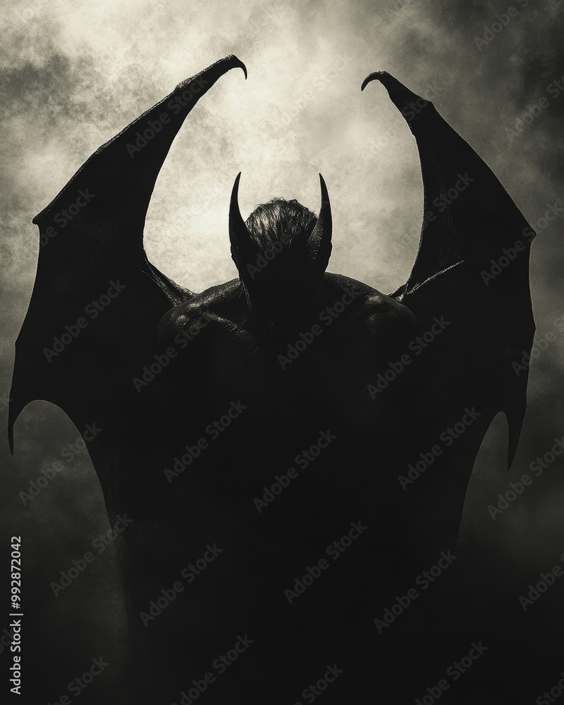 Sinister dark wing silhouette of a devil figure lurking in the shadows ...