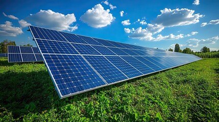 A landscape of solar panels in a photovoltaic power plant symbolizes the role of environmentally friendly technology in solar power generation.