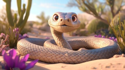 A cartoonish snake with large eyes in a desert setting surrounded by cacti and flowers.